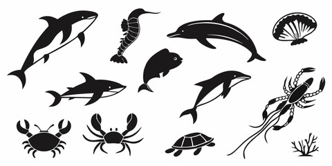 Obraz premium Ocean Life: A striking collection of marine life, rendered in bold black silhouettes, reveals the captivating diversity of the underwater world. Showcasing the unique forms of sea creatures.