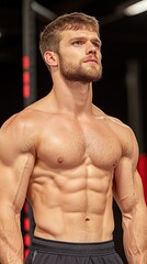 Muscular man with defined abs and beard in a gym environment looking up confidently