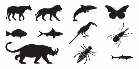 Wild Animal Silhouettes Collection: A collection of wild animal silhouettes showcases a variety of species, creating a striking visual of natural forms, perfect for design projects