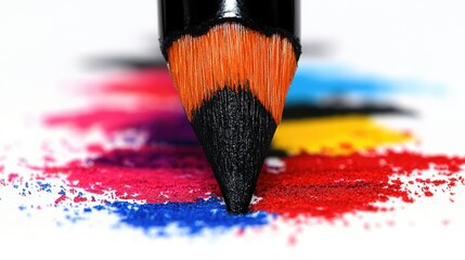 Black pencil draws on colorful powders, creating vibrant smears of red, blue, yellow, and magenta on white