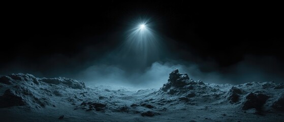 Barren lunar surface view, lit by a single, bright light source in the dark, smoky atmosphere