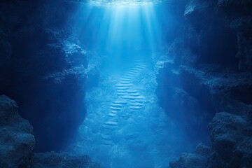Underwater staircase leading to surface with light shining down, ethereal and tranquil scene