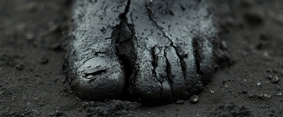 A human foot is completely covered and submerged in black, gritty, cracked mud and dirt