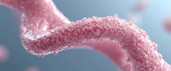 Pink helical structure. Textured surface, small bumps, against a soft blue backdrop. Close-up detail