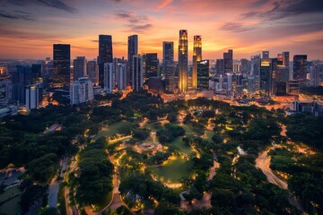 Fototapeta premium City Glow at Sunset: Modern Skyscrapers and Urban Landscape