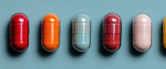 Colorful capsule pills lined up on a light blue surface, different medicine types close up
