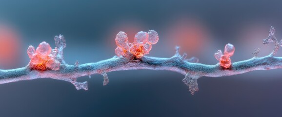 Translucent buds on a branch sparkle with ethereal light. Tiny ice crystals frame the stem