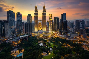 Obraz premium Twilight Cityscape: Skyscrapers and Scenic Downtown View