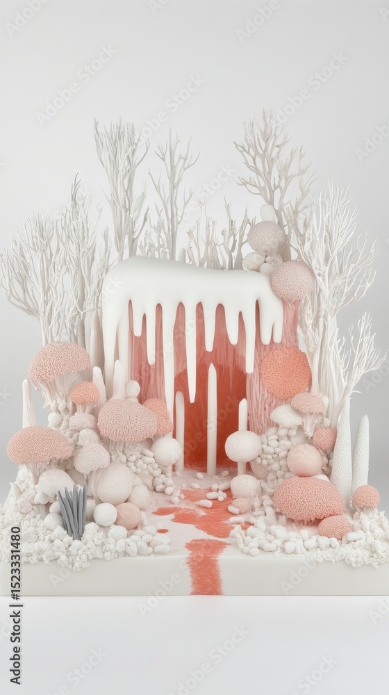 Aufkleber stylized scene features abstract shapes in white and peach with drippings and mushroom forms