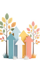 A 3D rendered graphic showing a row of stylized upward-pointing arrows in different colors arranged in a gradient pattern against a white background.