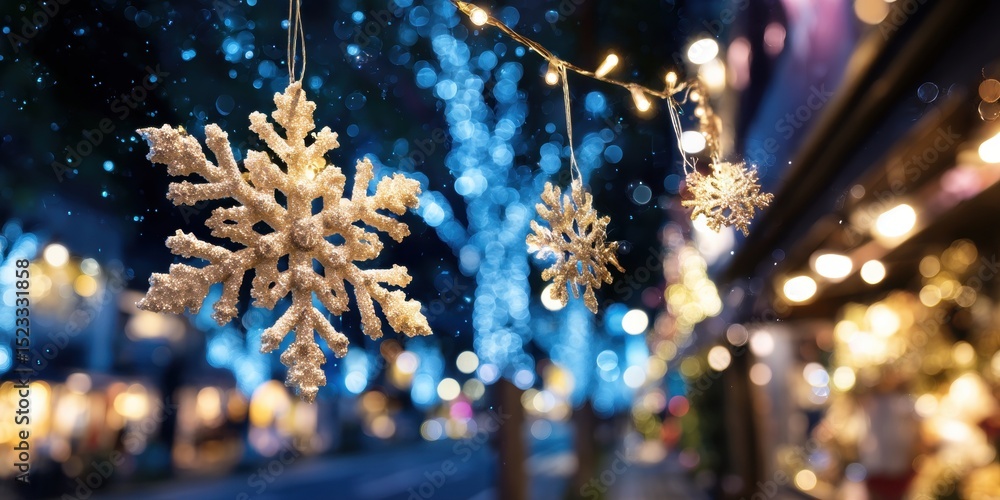 Poster white snowflake ornaments hanging on a string across a street during daytime with clear sky.