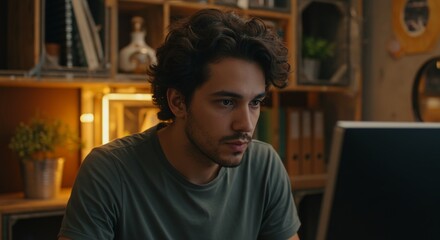 Man using laptop at desk in office environment