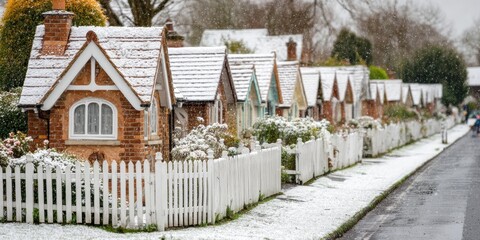 Snow-covered row of houses with a white picket fence under a clear winter sky.