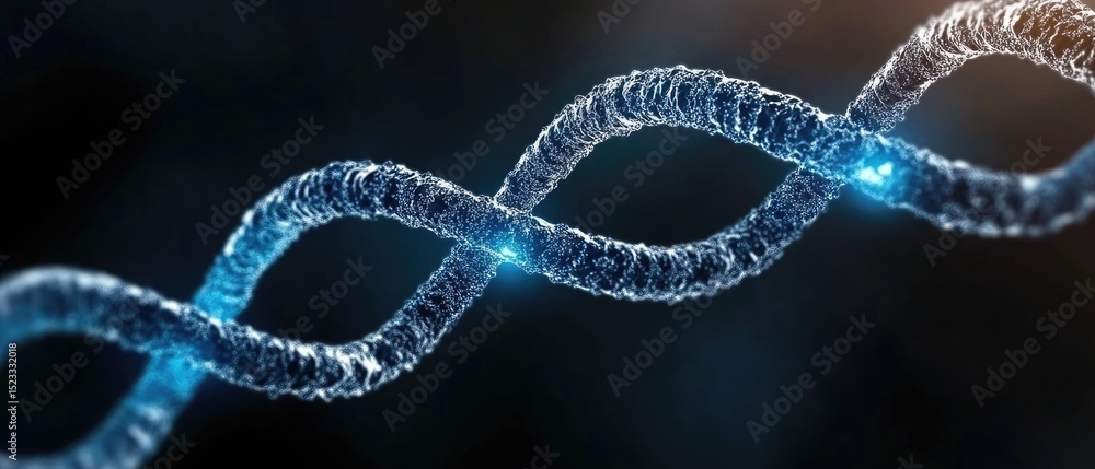 Poster shiny, blue helical structure with a dark background and points of light highlighting the shape