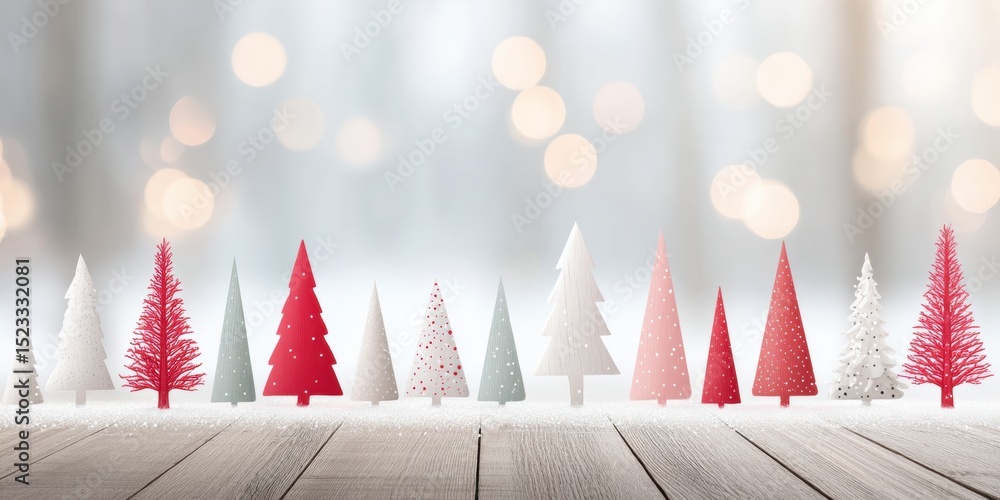 Poster close-up of small green trees arranged in a row on a rustic wooden table surface.