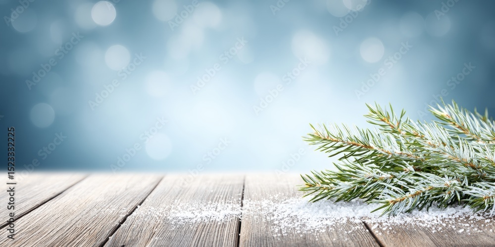 Poster close-up of a green pine branch with snow resting on a rustic wooden table surface.