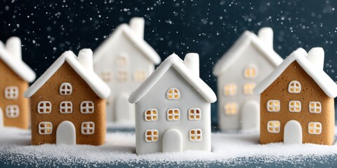 Naklejka premium A snowy village with numerous small houses covered in white snow under a clear sky.