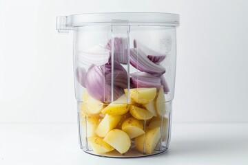 Ingredients for cooking pancakes, potatoes and onions in a blender container on a white background