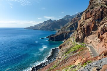 Fototapeta premium Scenic Coastal Road Landscape with Mountains, Cliffs, and Blue Ocean in Madeira, Portugal