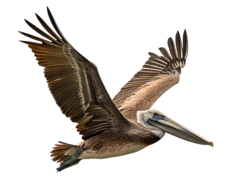 Brown pelican in flight isolated on a white background png ai
