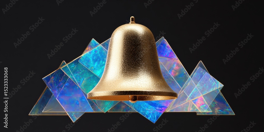 Poster metal bell hanging from a ceiling with geometric triangle pattern in soft natural light.