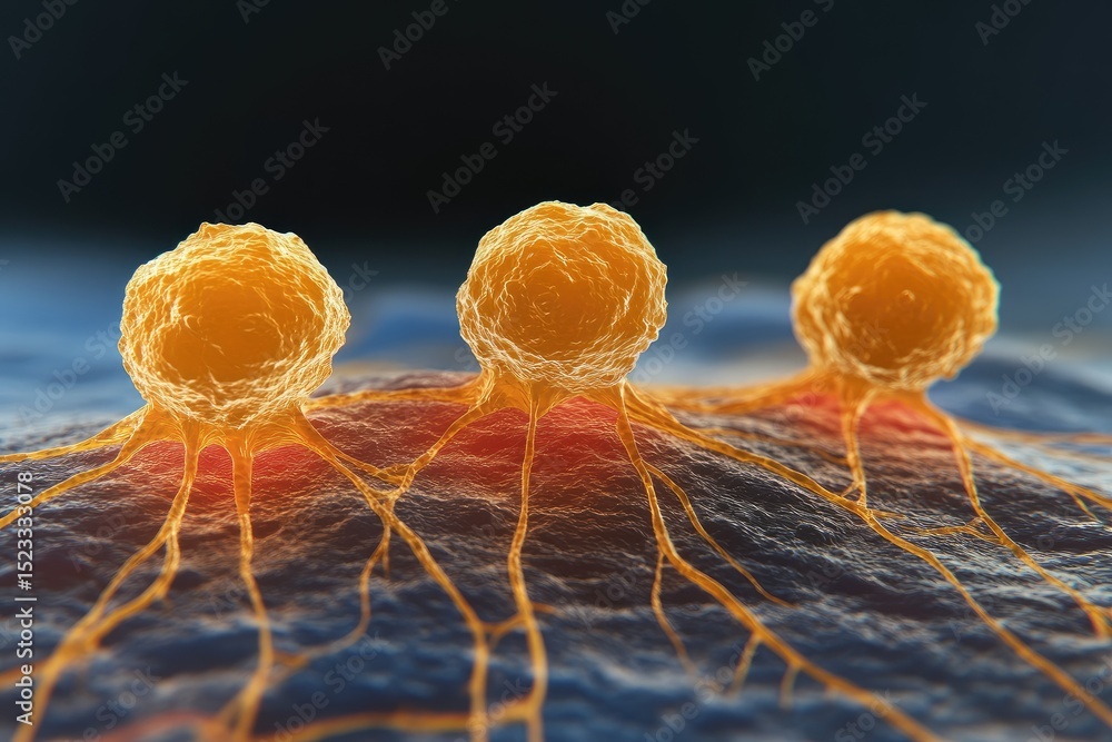 Aufkleber three orange spheres connect to a blue surface with connecting structures. close-up view