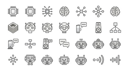 Artificial Intelligence Icon Set – Line Icons of AI Chip, Neural Network, Robotics, Machine Learning and Voice Assistant