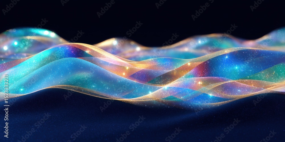 Poster vibrant multicolored liquid waves flowing dynamically on a solid black background, ideal for modern 