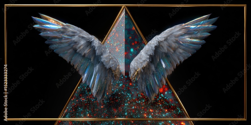 Poster abstract triangular wings spread against a solid black background, creating a striking symmetrical s