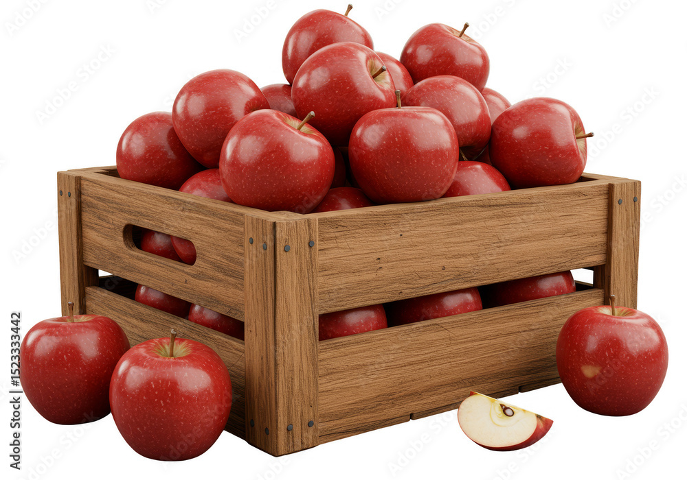 Poster 3d render of red apples in wooden crate isolated background