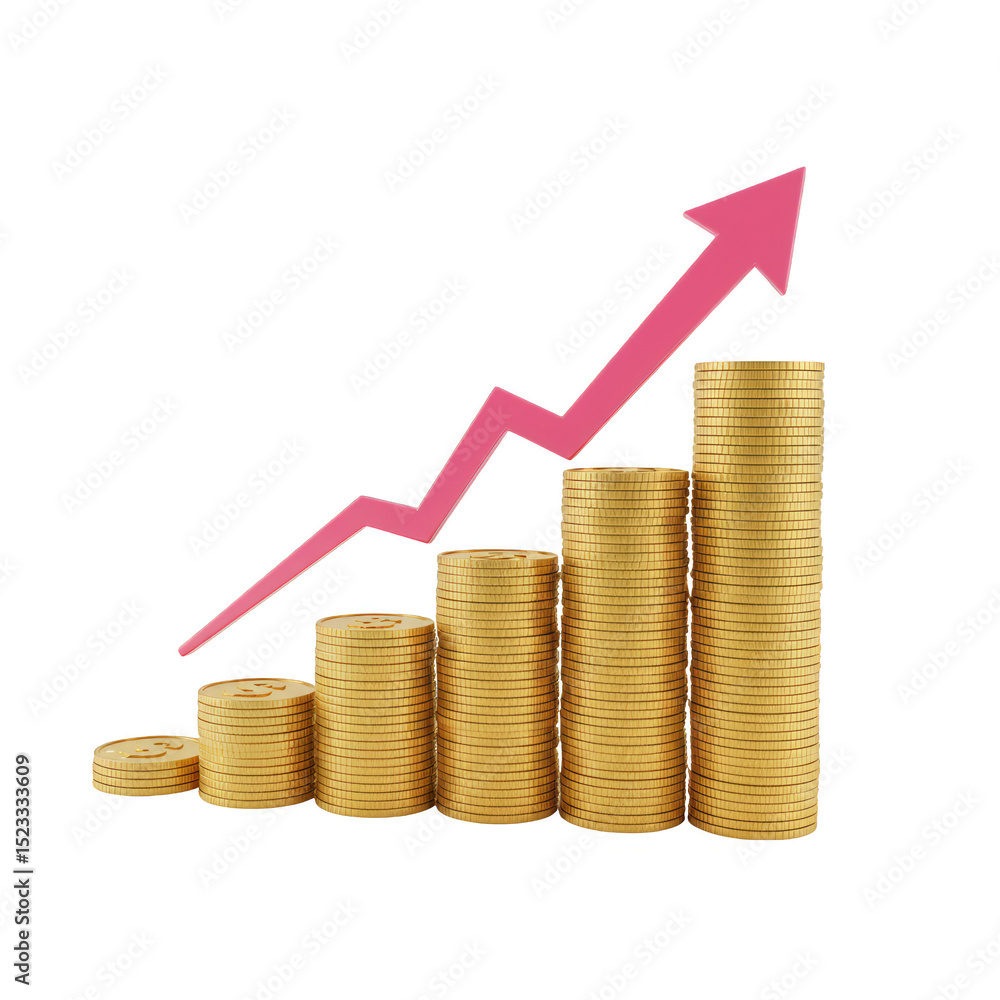Poster 3d rendered growth chart with arrow and coins on transparent background
