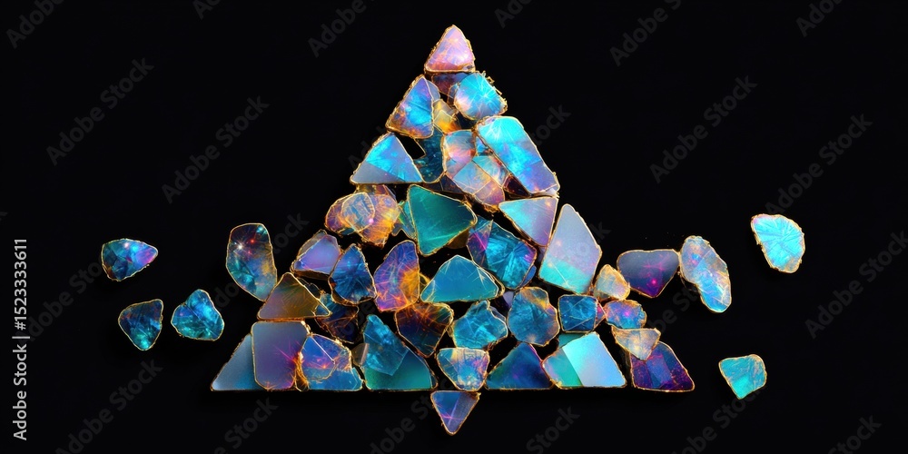 Poster close-up of a pyramid-shaped crystal cluster on a black background with sharp reflections.