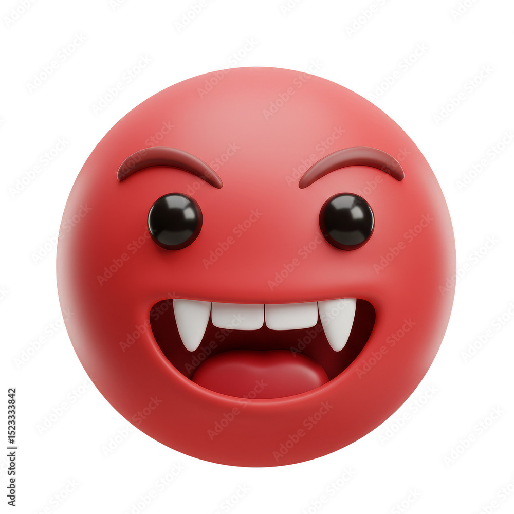 Poster 3d rendering of angry vampire emoji with red face and sharp teeth