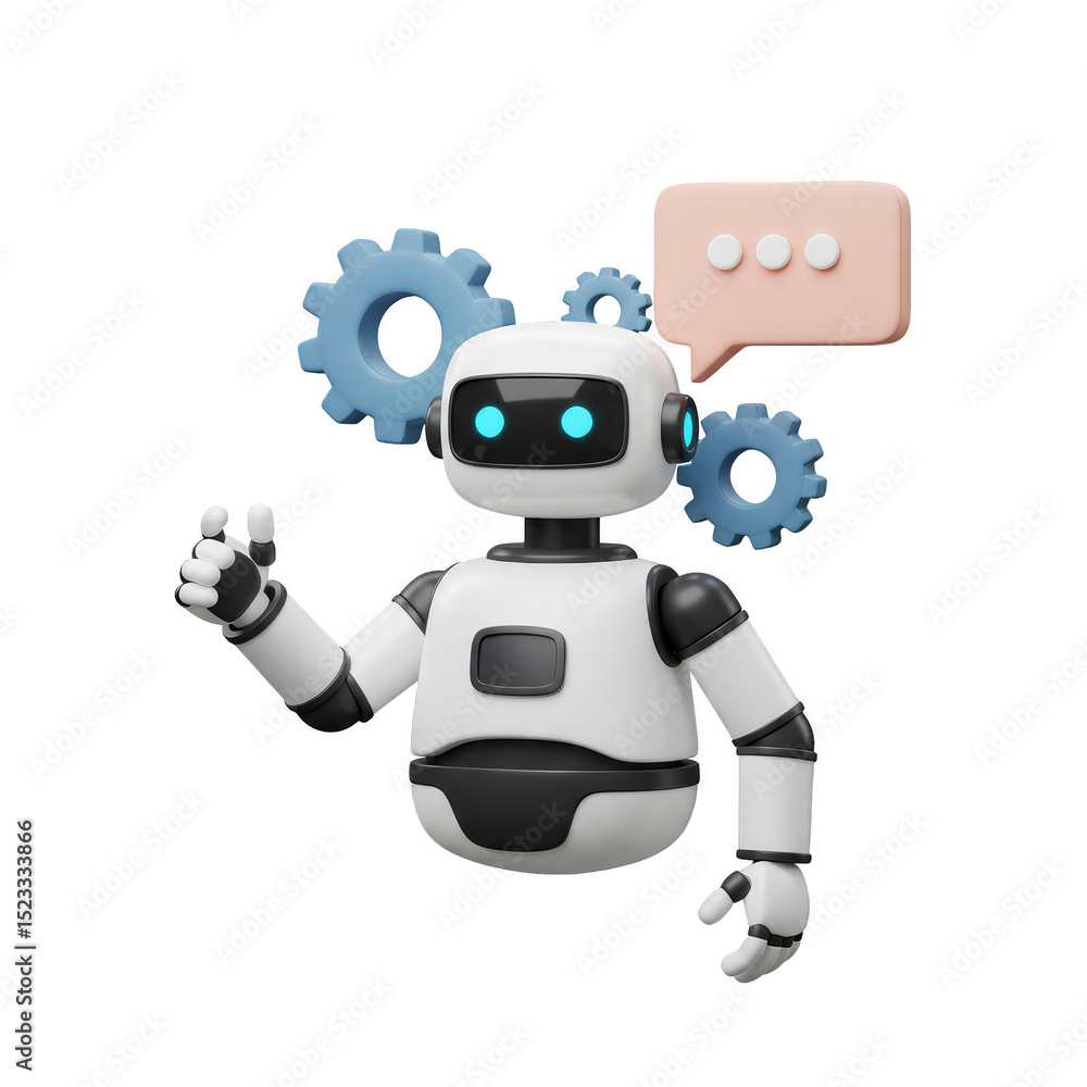 Poster 3d rendering of cute white robot with gears and chat bubble