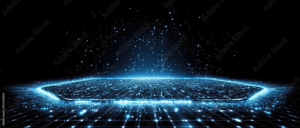 Poster geometric platform in digital blue light with grid lines and shining particle effects on black
