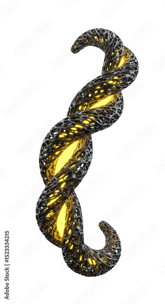 Poster abstract dark twisted shape with yellow lights background 3d render