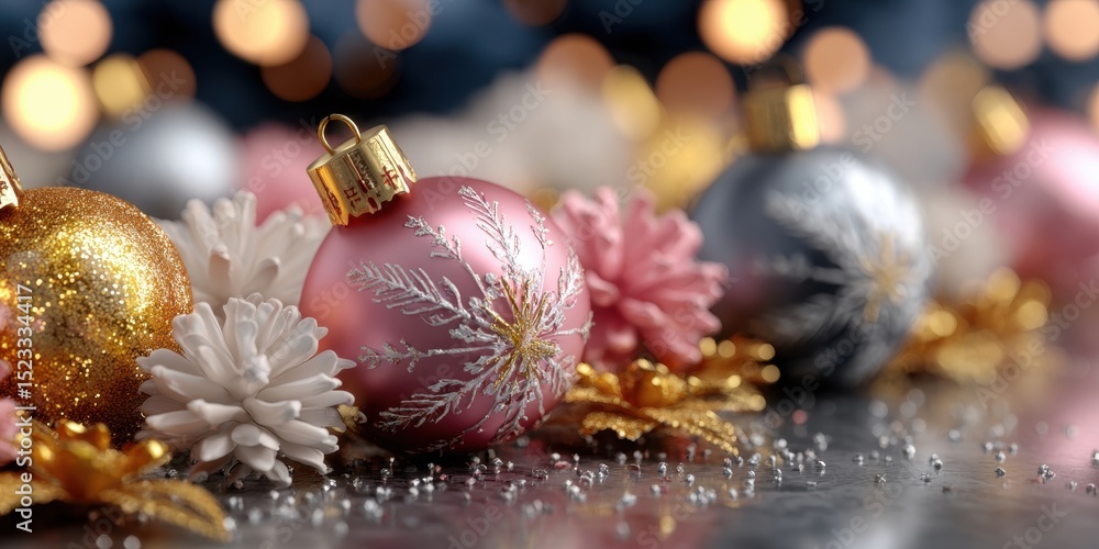 Poster christmas ornaments displayed on a table with warm bokeh lights in the background at night.