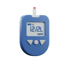 Blue Glucosemeter 3D Illustration Showing Blood Sugar Level with Transparent Background