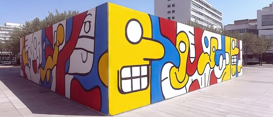 Colorful mural art featuring abstract facial features on an outdoor wall