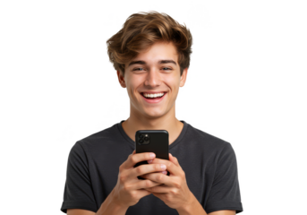 Cheerful Man Holding Cellphone Smiling And Using Application Transparent Background