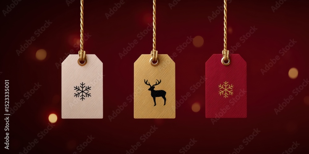 Poster three decorative tags with deer and snowflake designs hanging by strings on a white background.