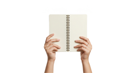 Close Up of Hands Holding Open Blank Spiral Notebook on Transparent