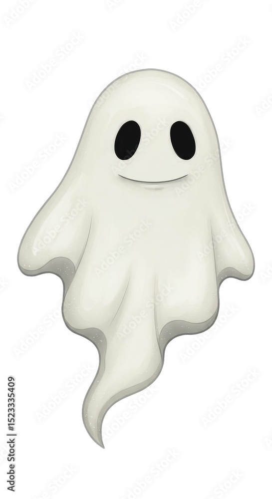 Poster cute cartoon ghost with smiling face floating on transparent background