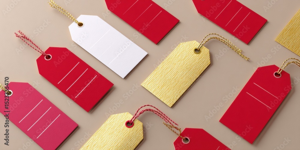 Poster close-up of multiple blank paper tags hanging from a string against a neutral background.
