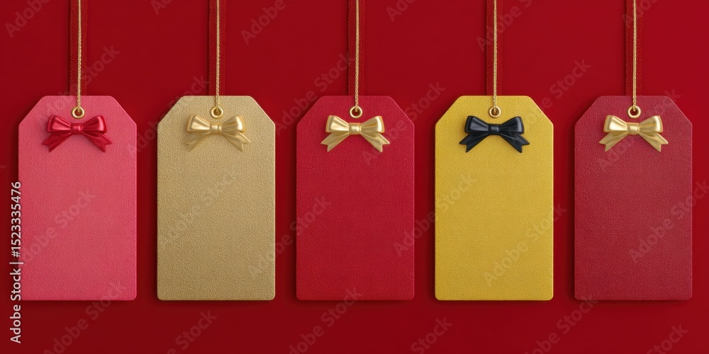 Poster four decorative tags with bows hanging from strings against a vibrant red background.