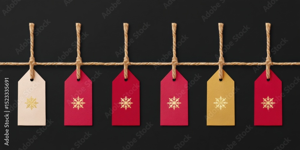 Poster close-up of hanging tags attached to a string with soft natural lighting and blurred background.