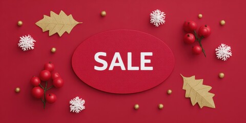 Close-up of a red sale sign framed by festive Christmas decorations with green garlands and red baubles.
