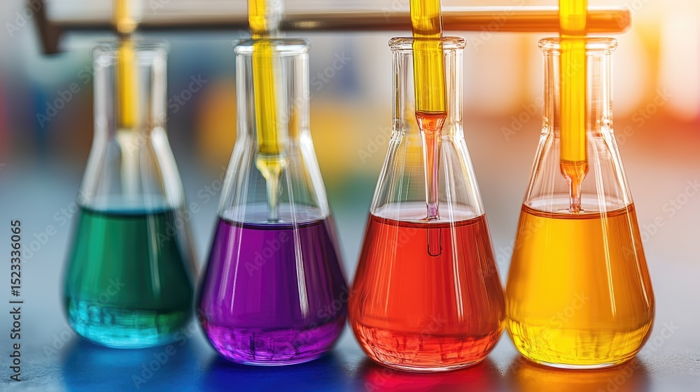 Aufkleber row of flasks filled with different colored solutions in a bright laboratory setting, close-up view