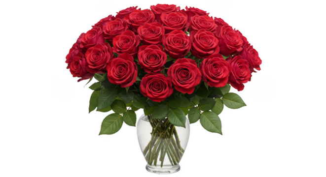 Floral Bouquet of Red Roses in a Glass Vase on Transparent Background