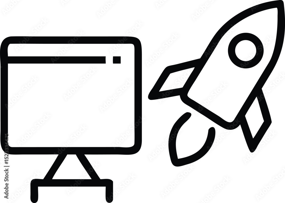 Poster startup line icon of rocket launching with screen representation design